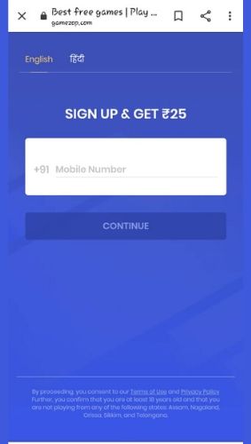 Sign up on Gamezop app